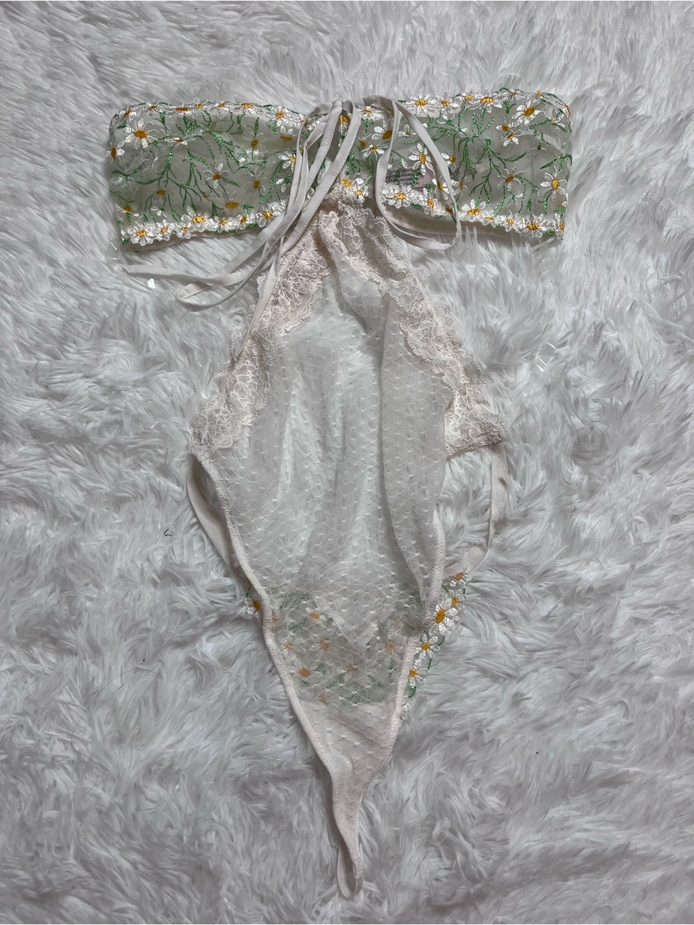 Victoria's Secret White Lace Bodysuit with Green & Yellow Floral